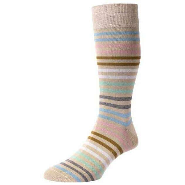 Pantherella Beige Kilburn All Over Stripe Cotton Lisle Socks